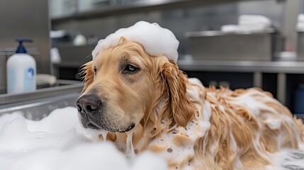 Cheerful dog getting a shampoo bath in a professional grooming salon, radiating joy and happiness