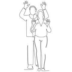 continuous line of people standing raising hands, celebrating success