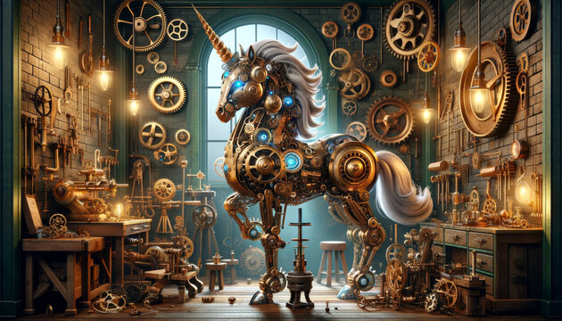 Steampunk Unicorn Majesty.
A majestic steampunk unicorn sculpture surrounded by intricate gears in a mystical workshop.