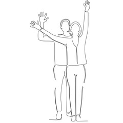 continuous line of people standing raising hands, celebrating success