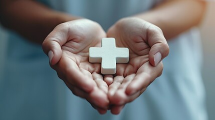 Healthcare icons and hands holding plus symbol for access, assistance, and medical welfare concept. - obrazy, fototapety, plakaty
