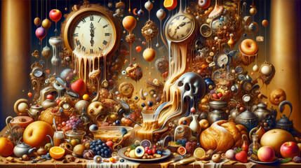 Fototapeta na wymiar A surreal composition where time seems to melt away amidst golden objects, conjuring a sense of opulence and the fluidity of moments. -Surreal Time Meltdown in Golden Hues.
