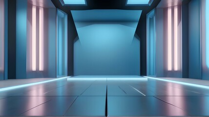 未来的な抽象的な空のステージ。 モダンなスタジオ、ショーケース。 スポットライト、ステージ。 パステルブルー背景、コピースペース｜Futuristic abstract empty stage. Modern studio, showcase. A stage with a spotlight. Pastel blue background, copy space. Generative AI