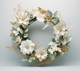 3d render of a wreath with white flowers and golden leaves Generative AI