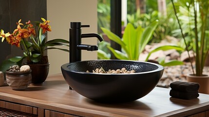 Elegant and modern bathroom interior with a sleek white sink and contemporary faucet