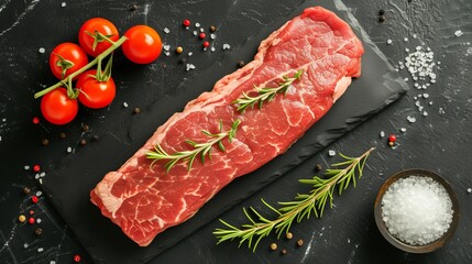 Fresh raw beef steak on black surface with red paper, rosemary, and salt   top view