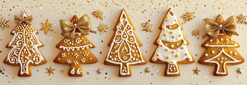 Christmas gingerbread cookies in the form of Christmas trees on a yellow background. The concept of a children's holiday treat. A banner for the design of a confectionery website.