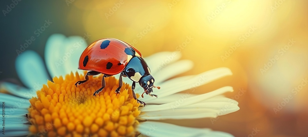 Poster minimalistic bright spring background with ladybug on white flower and copy space for text