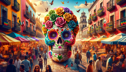 Colourful Sugar Skull in Lively Mexican Market.
A vibrant sugar skull amidst the bustling atmosphere of a traditional Mexican market. - obrazy, fototapety, plakaty