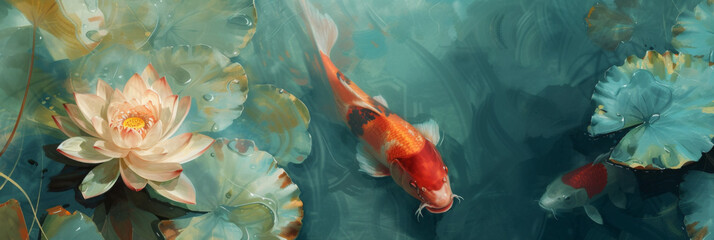 Fototapeta na wymiar a painting featuring a lotus pond and koi fish, generative AI