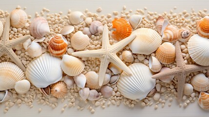 Fototapeta na wymiar Seashells and starfish on sandy beach natural textured background for summer travel design