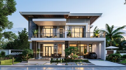 Fototapeta premium a modern two story house, in the style of light silver and white, thick texture