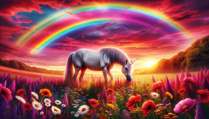 Enchanted Unicorn in Sunset Meadow.
Unicorn grazing in a vibrant meadow under a rainbow at sunset.