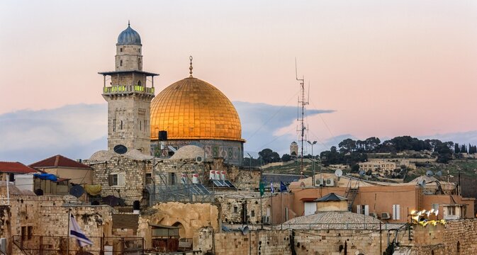 Panoramic sunset view of Jerusalem Old City and Temple Mount from the Mount of Olives