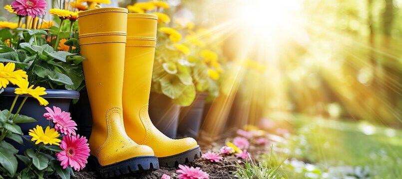 Vibrant flowerpots and cheerful yellow boots amidst a beautiful sunny spring or summer garden