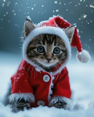 a kitten out in snow with santa claus outfit