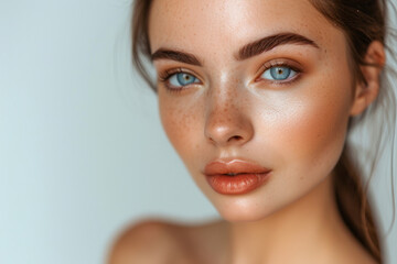 Obraz premium Beauty. woman, has shiny glowing skin, clean nourished body and face, looks at camera, eyebrows sick with brow gel, white background.