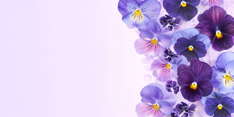 LIsten , respect and apologize to mantain a peacful atmosphere of home, a cool stress releasing ideal, Viola tricolor flower composition Frame made of beautiful violet and purple pansy flowers on ligh - obrazy, fototapety, plakaty