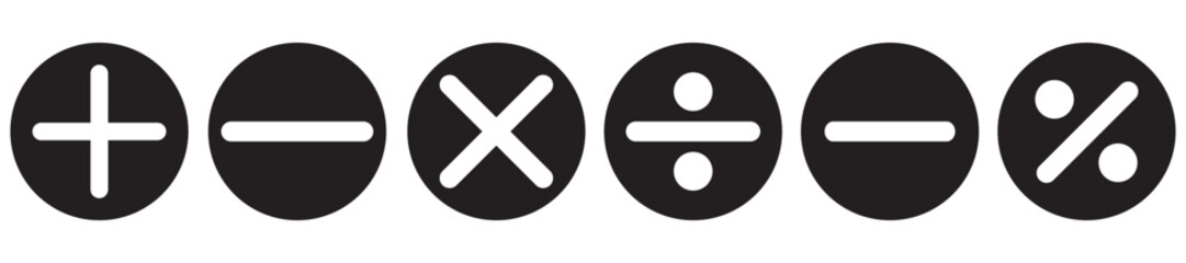 Basic mathematical symbol. Plus and minus icon set. Math symbol. Multiply icon. Equals symbol, division symbol, Calculator button, business finance concept in vector