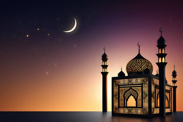 silhoutte of a mosque at night with stars and moon on the background. ramadan background, ulta detailed. ramadan kareem, happy eid mubarak, eid mubarak greeting card - obrazy, fototapety, plakaty