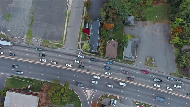 View from an aerial perspective of small American town with cars
