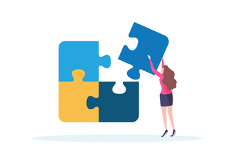 Woman Assembling Giant Puzzle Pieces, Teamwork connect to successful together concept. The Big jigsaw puzzle	