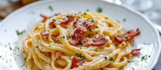 Fototapeta premium Delicious Carbonara Pasta with Crispy Bacon and Creamy White Sauce - A Mouthwatering Dish