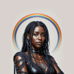 Black woman standing in front of a rainbow halo