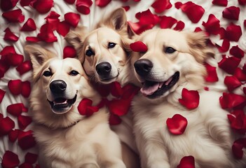  rose full hug red background petals dogs two lying taking cuddle love flower embracing bed selfie couple smartphone