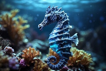 Seahorse in a blue shade; the background is a coral reef in a shade of sea blue, with flashes of futuristic colored light in the distance.