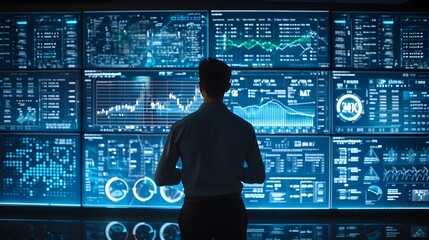 male office worker in front of a large LED computer screen displaying company data analysis