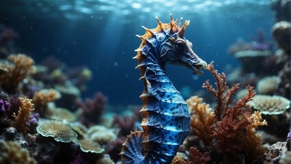 Seahorse in a blue shade; the background is a coral reef in a shade of sea blue, with flashes of...