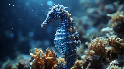 Seahorse in a blue shade; the background is a coral reef in a shade of sea blue, with flashes of...