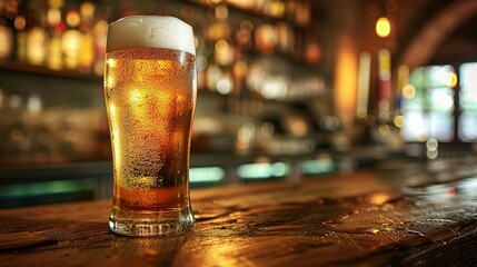 Glass of cold lager beer on bar counter - obrazy, fototapety, plakaty