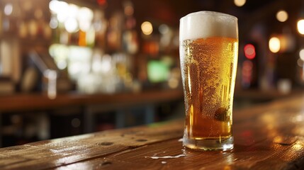Glass of cold lager beer on bar counter