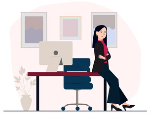 office lady sitting on desk with confidence 