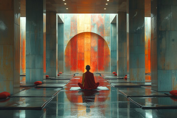 Moine bouddhiste zen méditant dans un décors industriel au béton peint en gris, bleu et orange - obrazy, fototapety, plakaty