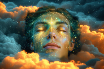 Visage apaisé d'un homme illuminé par une lumière surnaturelle, portrait onirique représentant l'éveil à la spiritualité et un moment de transcendance en méditation