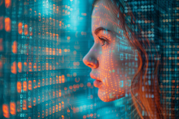 Portrait d'une femme derrière un fond futuriste montrant des chiffres et transferts de données informatiques, symbole d'innovation technologique et de progrès grâce à l'IT - obrazy, fototapety, plakaty