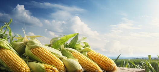 Healthy corn on a wooden table, set against a farm backdrop, reflecting the essence of agriculture and nutrition with copy space for advertisers. - obrazy, fototapety, plakaty
