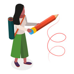 3D Isometric Flat Vector Set of Students Holding Giant Pencil, Editors, Copywriters or Content Creators. Item 2