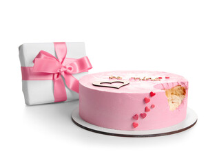 Bitten bento cake with gift box on white background. Valentine's Day celebration