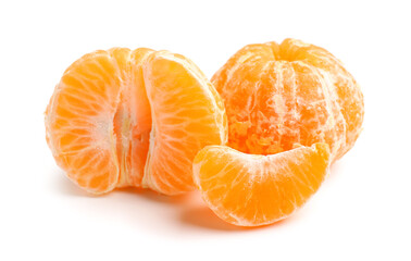 Fresh peeled tangerines on white background