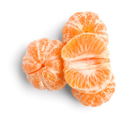Fresh peeled tangerines on white background