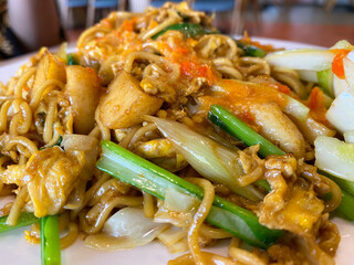 close up Fried noodles with added vegetables and chilies