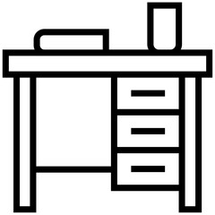 Office workspace desk icon, lined icon vector, black and white icon symbol.