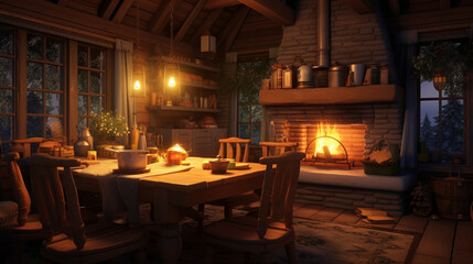 Fototapeta na wymiar In the heart of Discureption's wilderness, a cozy cabin interior welcomes with its rustic charm and crackling fireplace, offering a refuge where warmth and comfort embrace the serenity of nature.