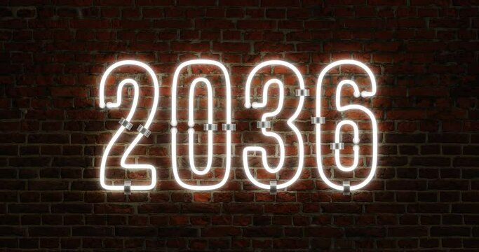 3D 2036 Happy New Year Neon Light Flickering Animation Shining Over a Brick Wall Background
