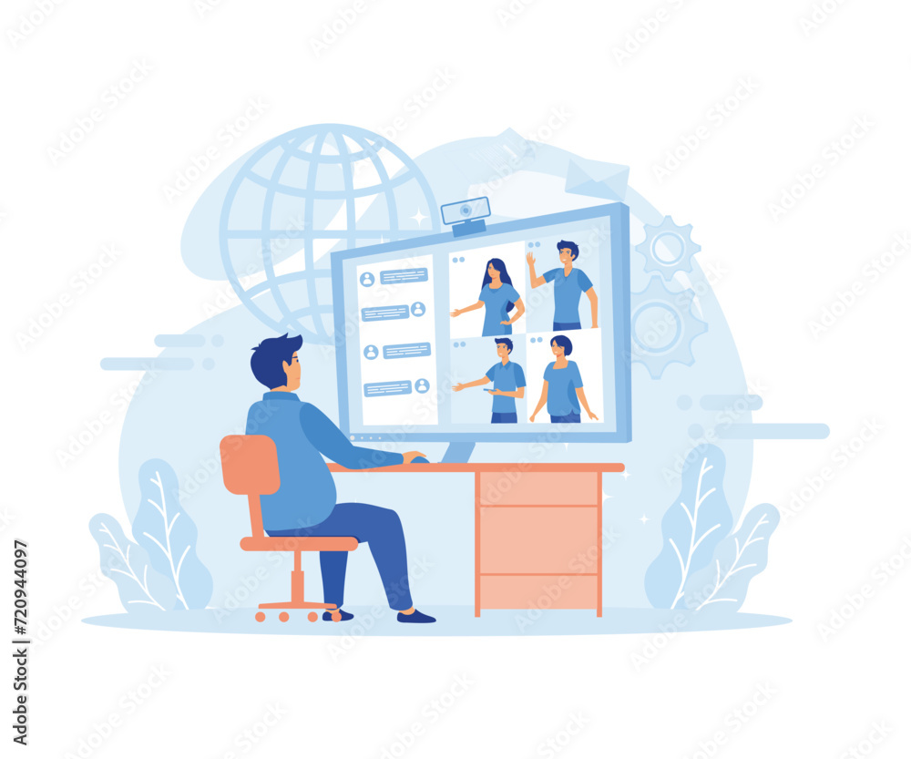 Poster video conferencing and online communication. people group on computer screen taking with colleague. 