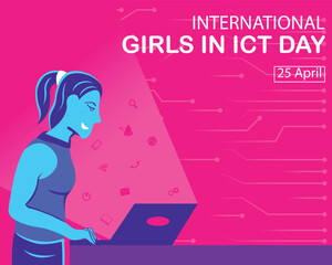illustration vector graphic of a woman is using a laptop, displaying digital icons coming out of the laptop screen, perfect for international day, international girls in ict day, celebrate.